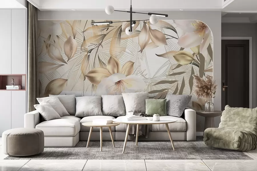 stenske poslikave Cvetovi in listi jasmina, mehke barve, botanična ilustracija, cvetlično ozadje , elegantno oblikovanje, občutljivi cvetni lističi w08977