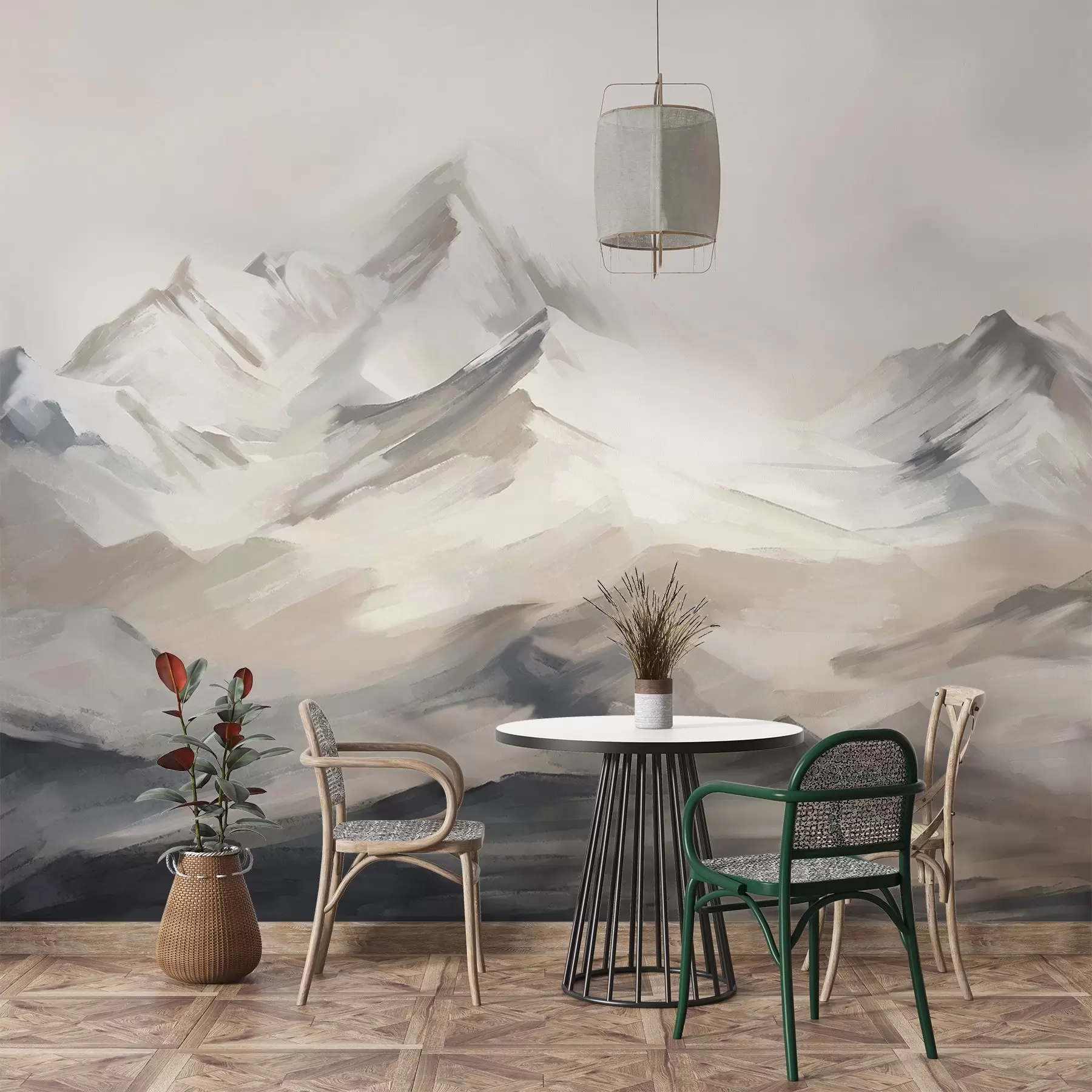 stenske poslikave Gorska pokrajina s svetlim nebom, poteze čopiča, nevtralne bež in sive barve, gorsko območje  w08980