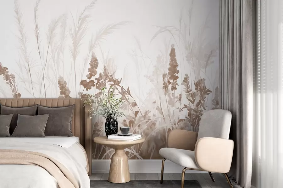 stenske poslikave Rjave rože in bež trstičje na polju, minimalistična tekstura slike, svetlo ozadje, mehke barve, občutljive poteze čopiča  w08982v1