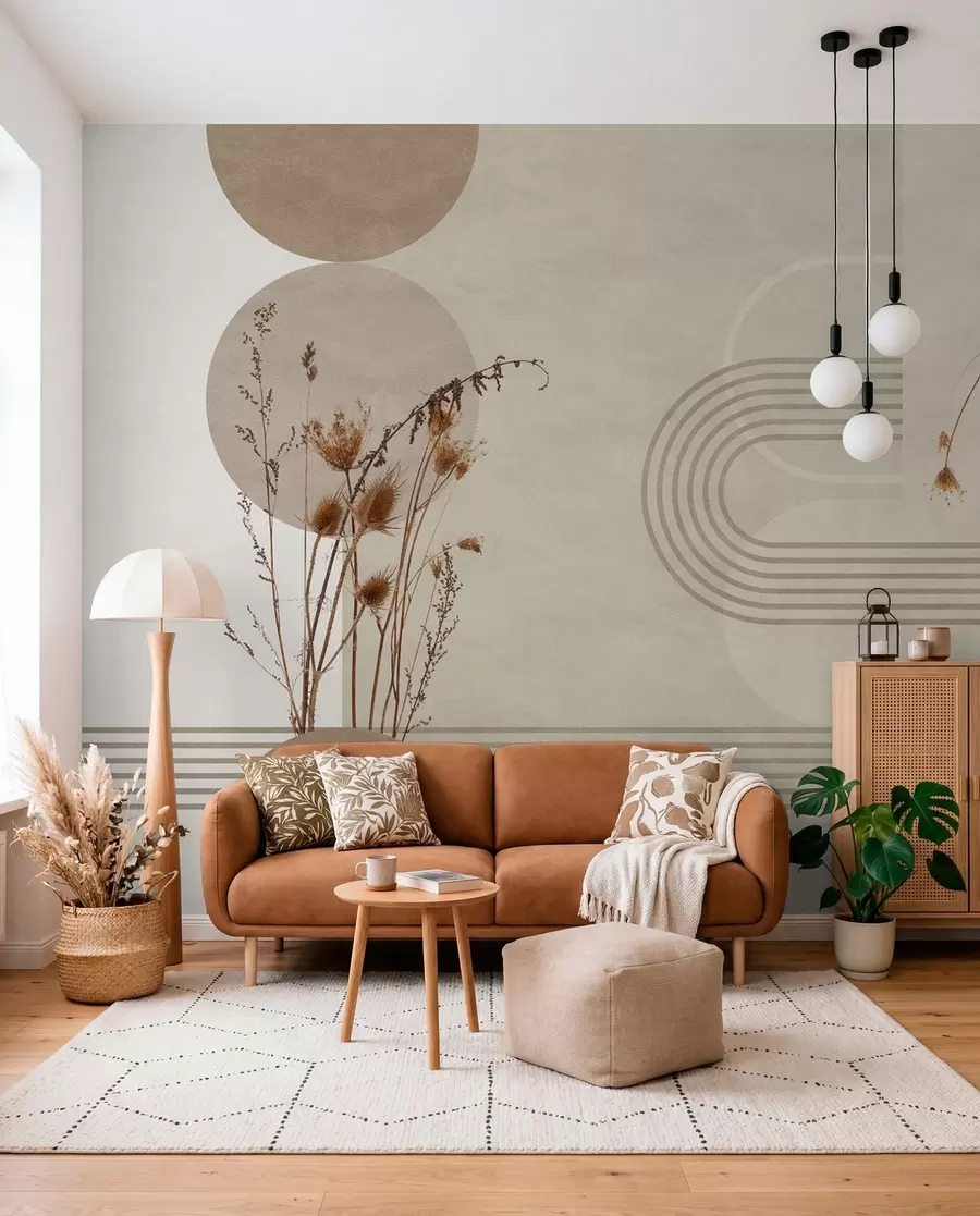 stenske poslikave elegantna geometrija in posušeno cvetje v bež tonih w03449