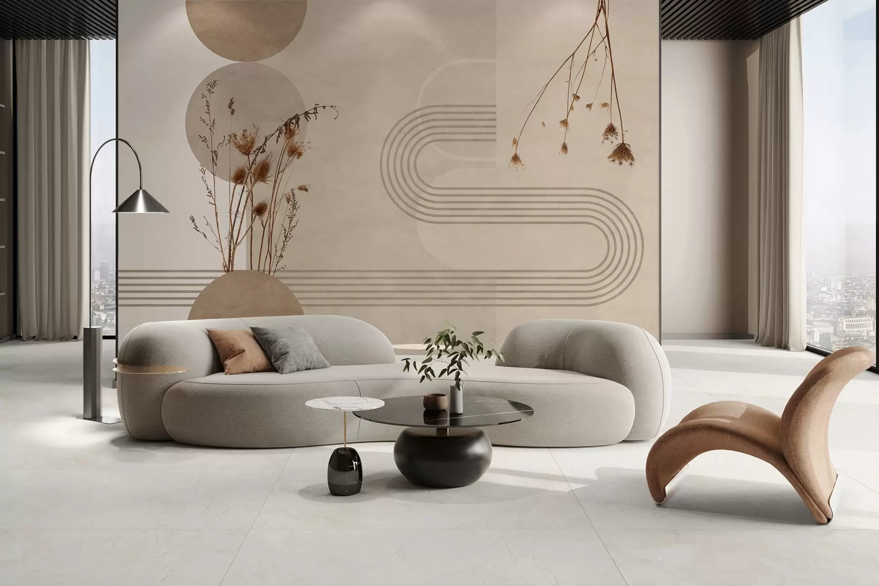 stenske poslikave elegantna geometrija in posušeno cvetje v bež tonih w03449