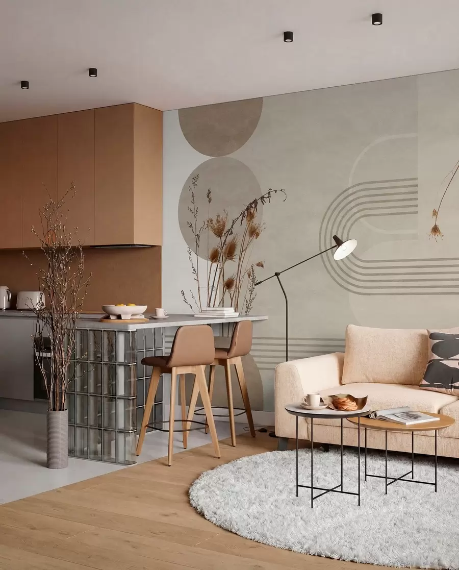 stenske poslikave elegantna geometrija in posušeno cvetje v bež tonih w03449