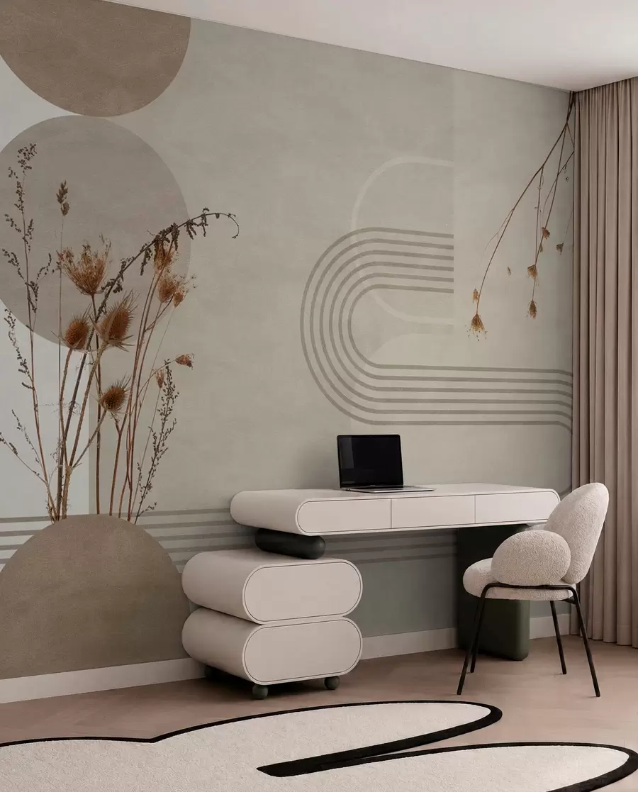 stenske poslikave elegantna geometrija in posušeno cvetje v bež tonih w03449
