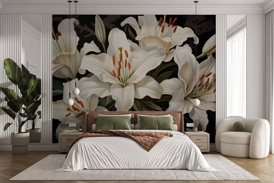 stenske poslikave Elegantne velike bele rože na temnem ozadju w08983