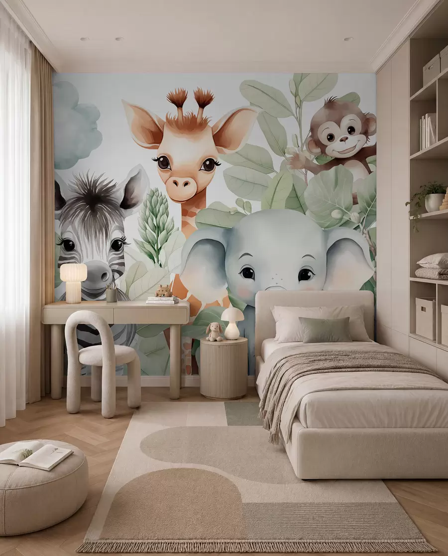 stenske poslikave Žirafa, zebra, slon in opica med listjem w03677