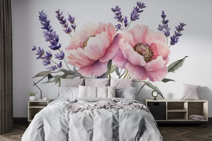 stenske poslikave Akvarelni slog, sivka, cvetje, naravne barve w03671