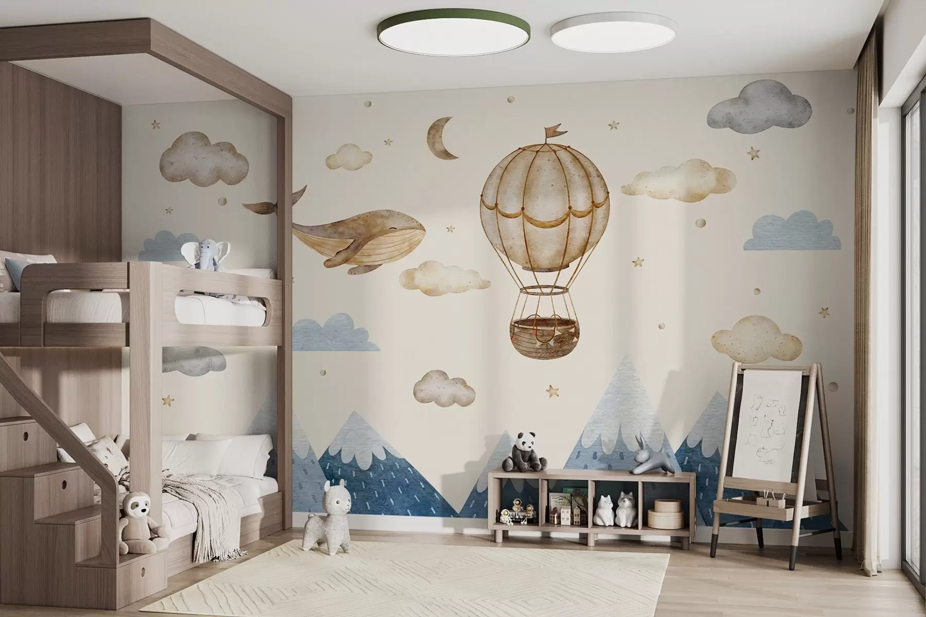 stenske poslikave Zračni balon, srčkan kit, zvezdnato nebo, gore, akvarel, modre in bež barve w03672