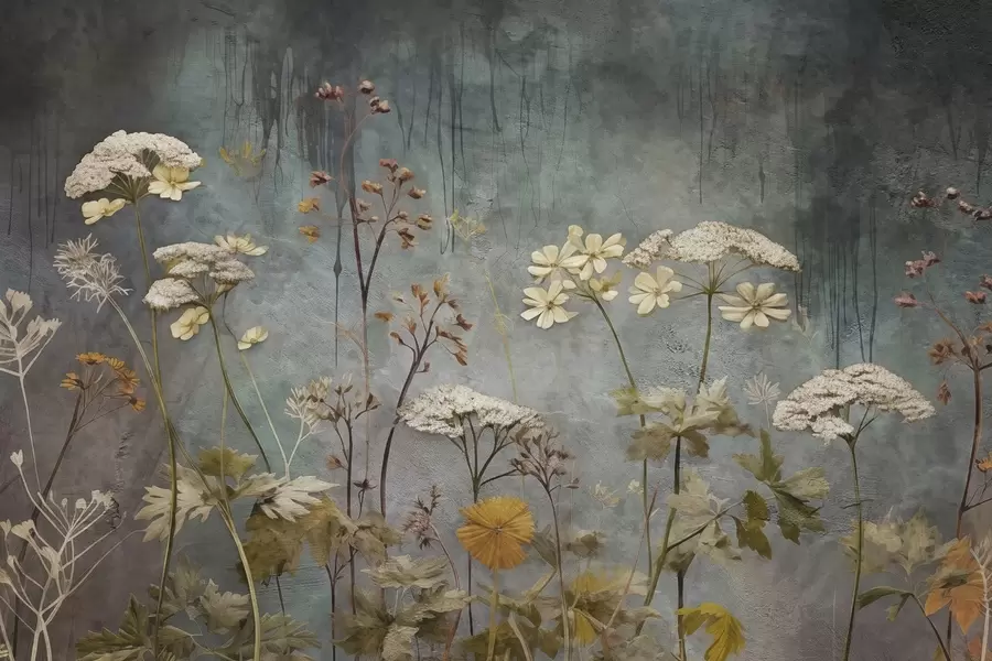 stenske poslikave Divje cvetje in trave na ozadju grunge stene w03697