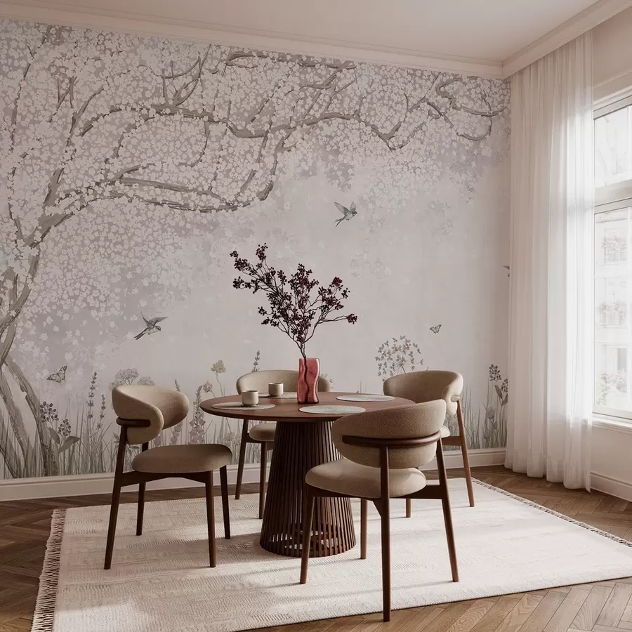 stenske poslikave Cvetoče drevo z divjimi cvetlicami in pticami w03700