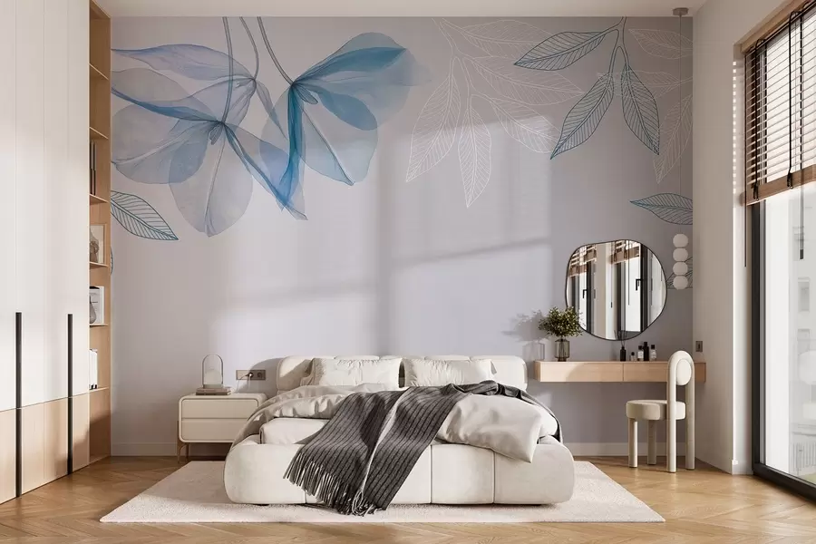 stenske poslikave nežni prosojni cvetovi in listi v modrih tonih w03616