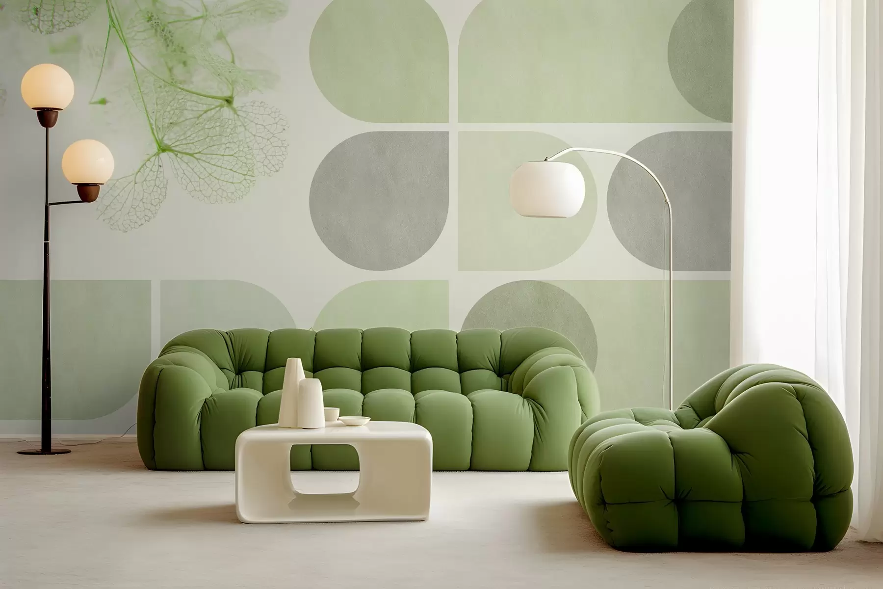 stenske poslikave geometrija in posušeno cvetje z žilami v zelenih odtenkih w03617v1