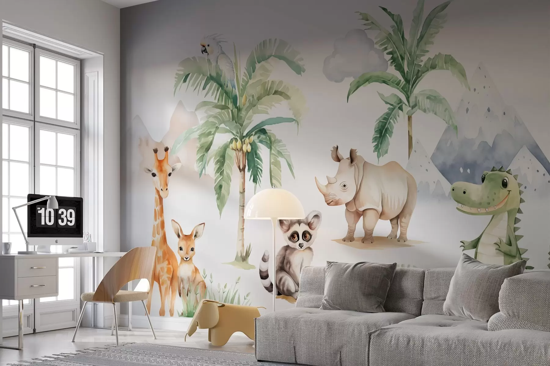 stenske poslikave Tropske živali v bližini palm imitacija akvarela w03740