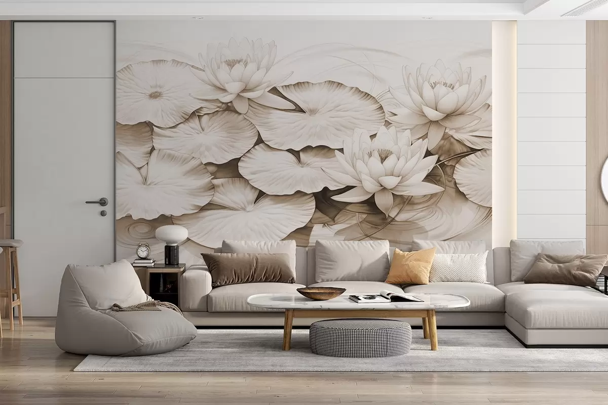 stenske poslikave Vodne lilije in lilije v ribniku, rjava in bela imitacija risbe s svinčnikom, podrobna botanična ilustracija, umetnost narave w09006v2