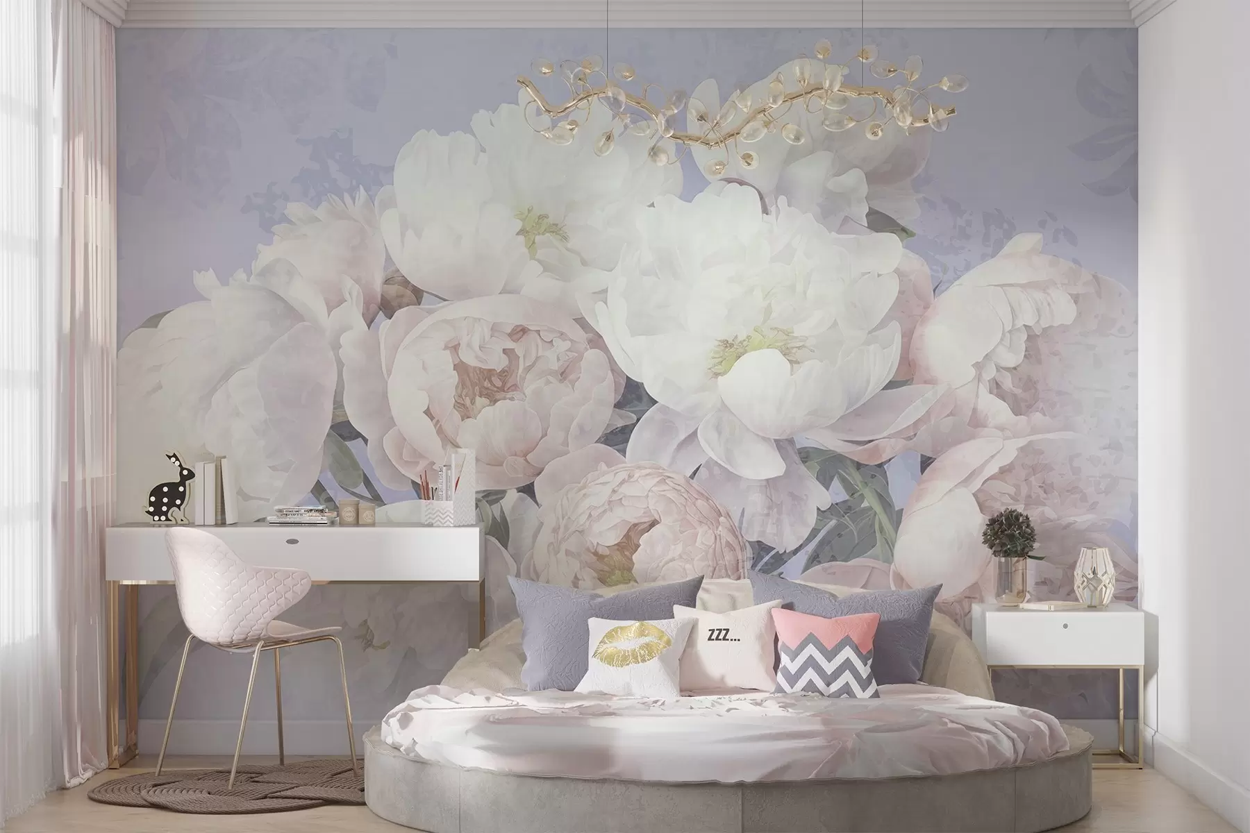 stenske poslikave Teksturirane abstraktne breskve in bele borovnice z zelenimi listi, svetlo ozadje, mehke in nežne barve, vintage slog w09008v1