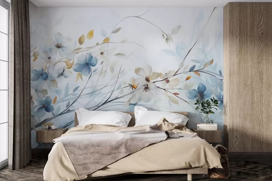 stenske poslikave Cvetlični aranžma z modrimi, oranžnimi listi in belimi cvetovi, nežnimi cvetnimi listi, tankimi vejami, mehkimi barvami, akvarelnim učinkom w09009