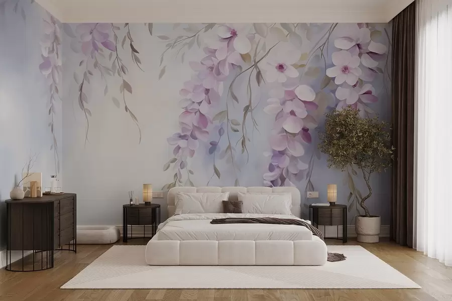stenske poslikave Cvetovi glicinije z lila cvetnimi listi in zelenimi listi, ki visijo z vej, mehke pastelne barve, pastelno obarvano ozadje w09010