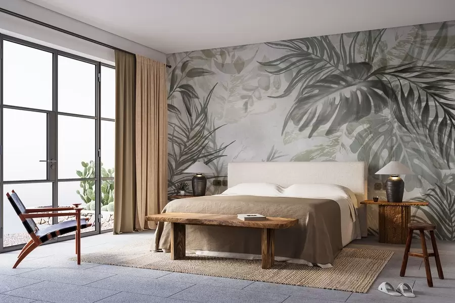 stenske poslikave Monstera in palmovi listi v odtenkih zelene in sive, botanično, tropsko listje, rastline džungle, teksturirano ozadje w09011