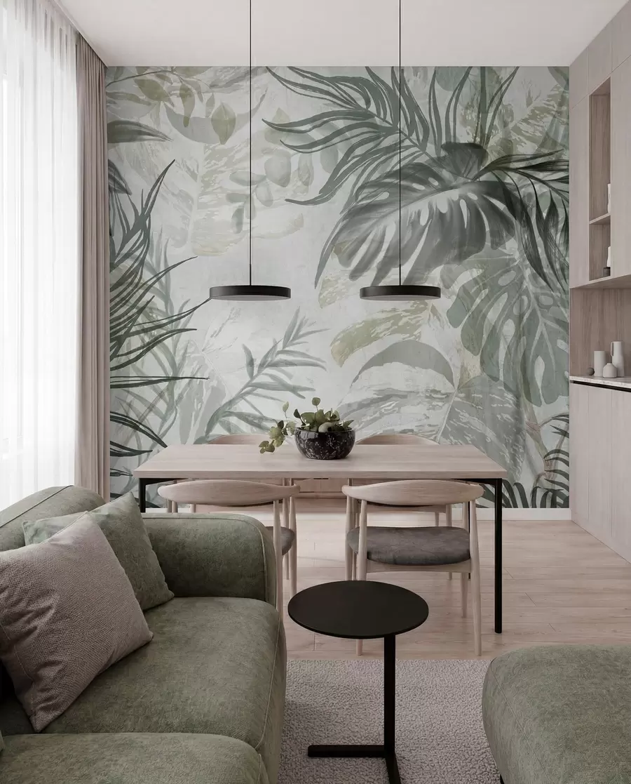 stenske poslikave Monstera in palmovi listi v odtenkih zelene in sive, botanično, tropsko listje, rastline džungle, teksturirano ozadje w09011