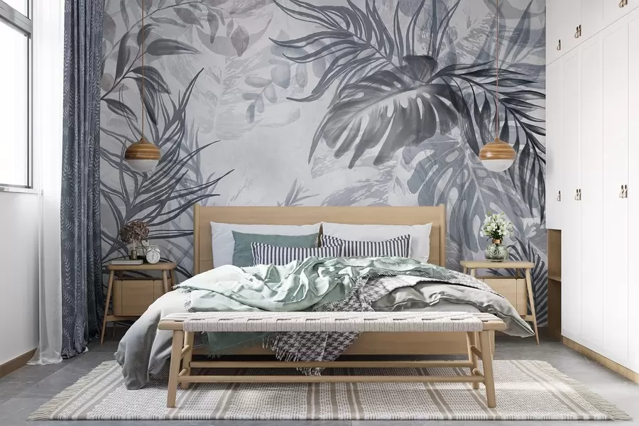 stenske poslikave Monstera in palmovi listi v odtenkih modre in sive, botanično, tropsko listje, rastline džungle, teksturirano ozadje w09011v1