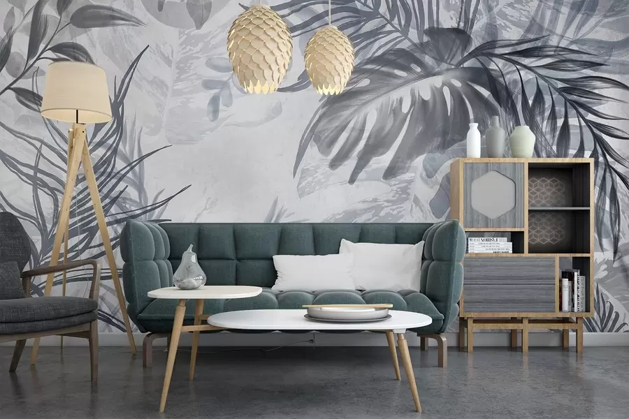 stenske poslikave Monstera in palmovi listi v odtenkih modre in sive, botanično, tropsko listje, rastline džungle, teksturirano ozadje w09011v1