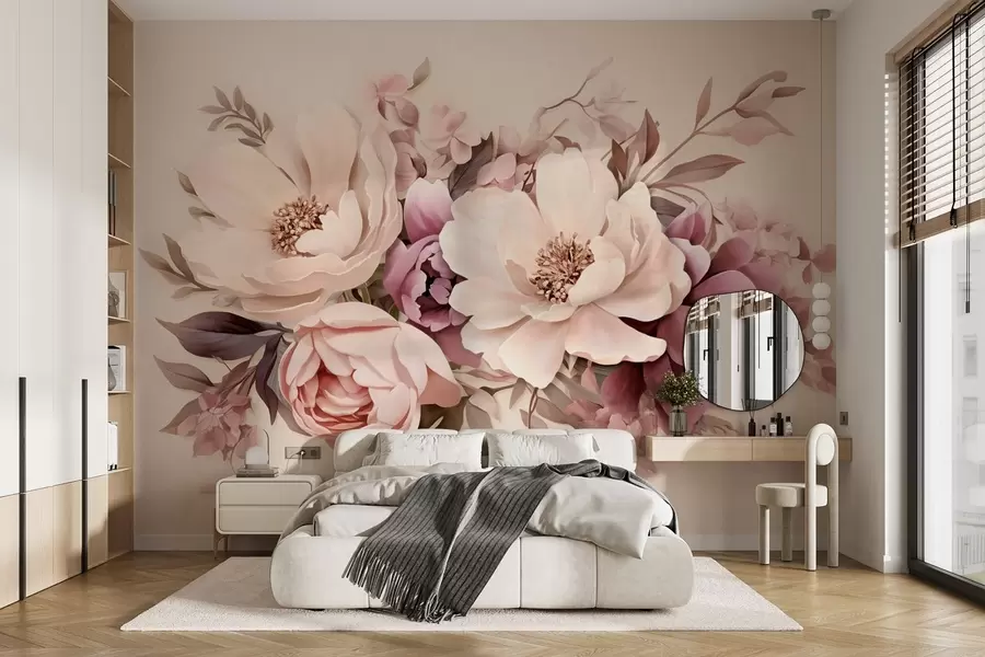 stenske poslikave Nežna kompozicija rožnatih in bež cvetov, borovnic z listi w09019