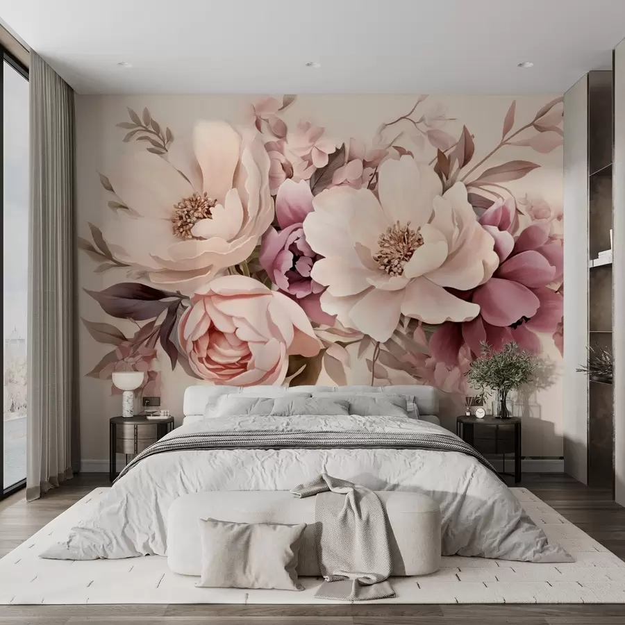 stenske poslikave Nežna kompozicija rožnatih in bež cvetov, borovnic z listi w09019