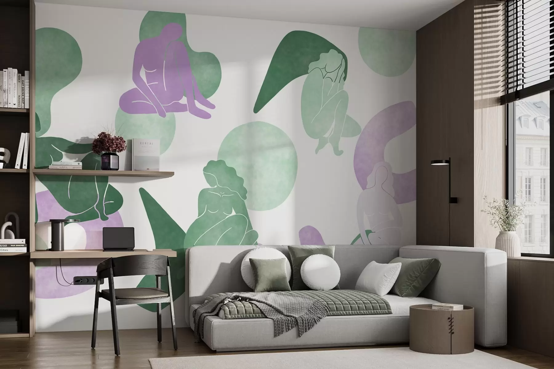 stenske poslikave Geometrijske abstrakcije z ženskimi silhuetami, boho slog, vijolična, zelena w03753v4