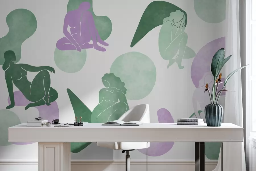 stenske poslikave Geometrijske abstrakcije z ženskimi silhuetami, boho slog, vijolična, zelena w03753v4