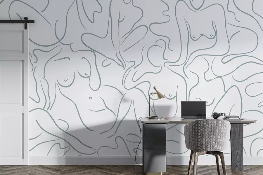 stenske poslikave Linijska risba anatomske silhuete, abstrakcija, modra barva w03755v1