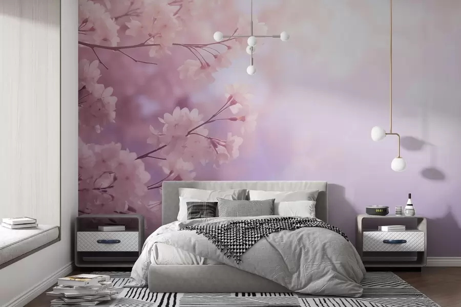 stenske poslikave Sakura veje z rožnatimi cvetovi na pastelnem ozadju w03804
