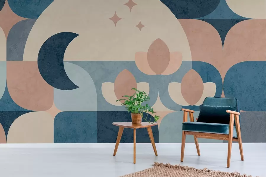 stenske poslikave geometrijska abstrakcija, kjer se mehke oblike gladko prepletajo s simboli lune, cvetja in zvezd w03723