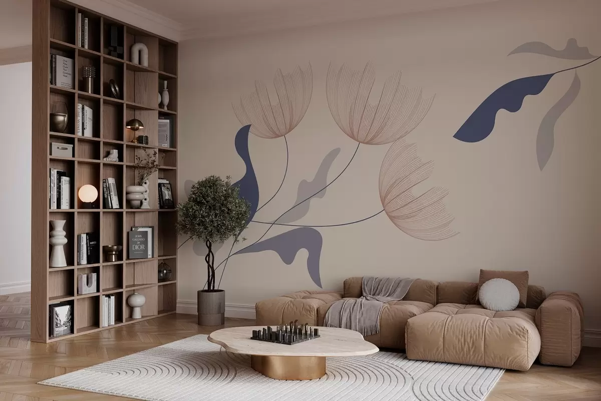 stenske poslikave elegantno minimalistično cvetje v modrih tonih na bež ozadju w03763