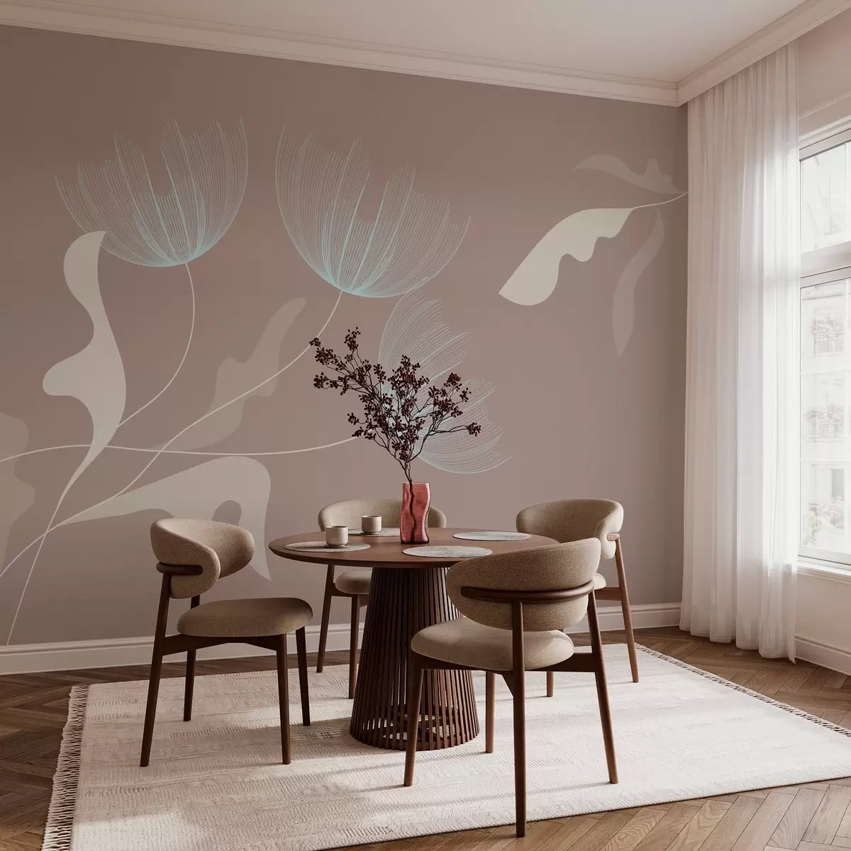 stenske poslikave elegantno minimalistično cvetje v belih in modrih tonih na ozadju v barvi mokka w03763v3