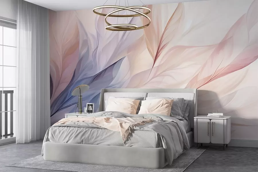 stenske poslikave Abstraktna cvetlična zasnova s tekočimi cvetnimi listi v pastelnih odtenkih rožnate, breskove in modre barve, ki ustvarjajo mehko in zasanjano kompozicijo w09049