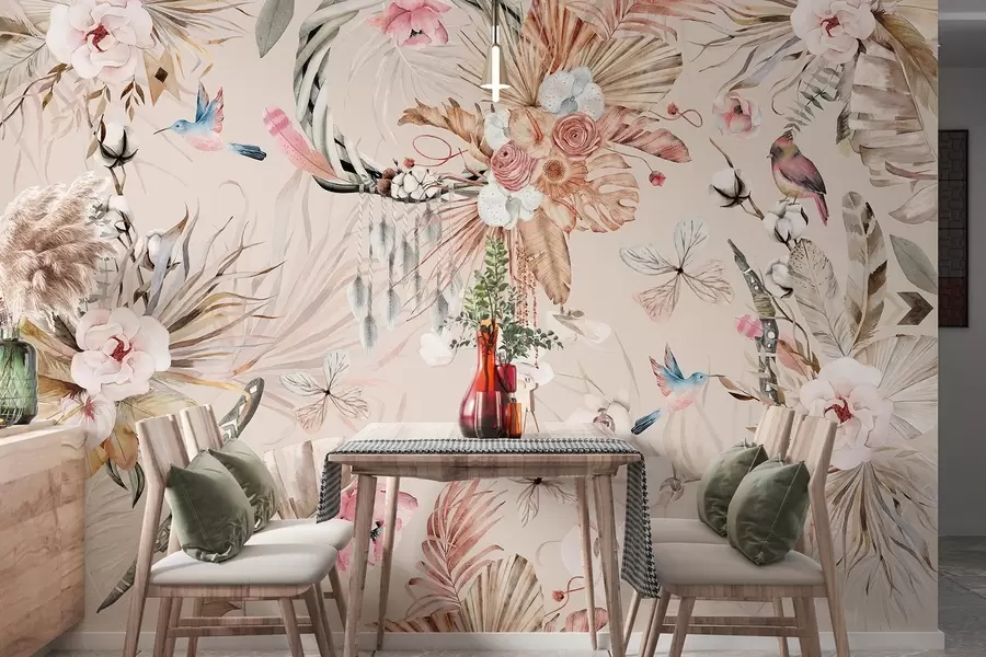 stenske poslikave Okrasek v boho slogu s cvetovi pivonik in pticami, akvarelni slog, mehke barve w03885v3