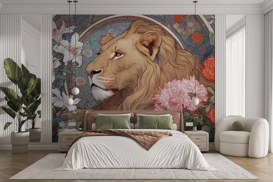 stenske poslikave Lev, obdan s številnimi cvetovi, v slogu Alfonsa Mucha w09073