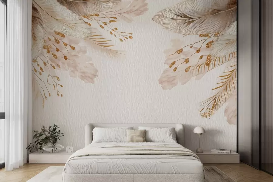 stenske poslikave Pampska trava in perje v akvarelnem slogu v bež in beli barvi na papirju w09079