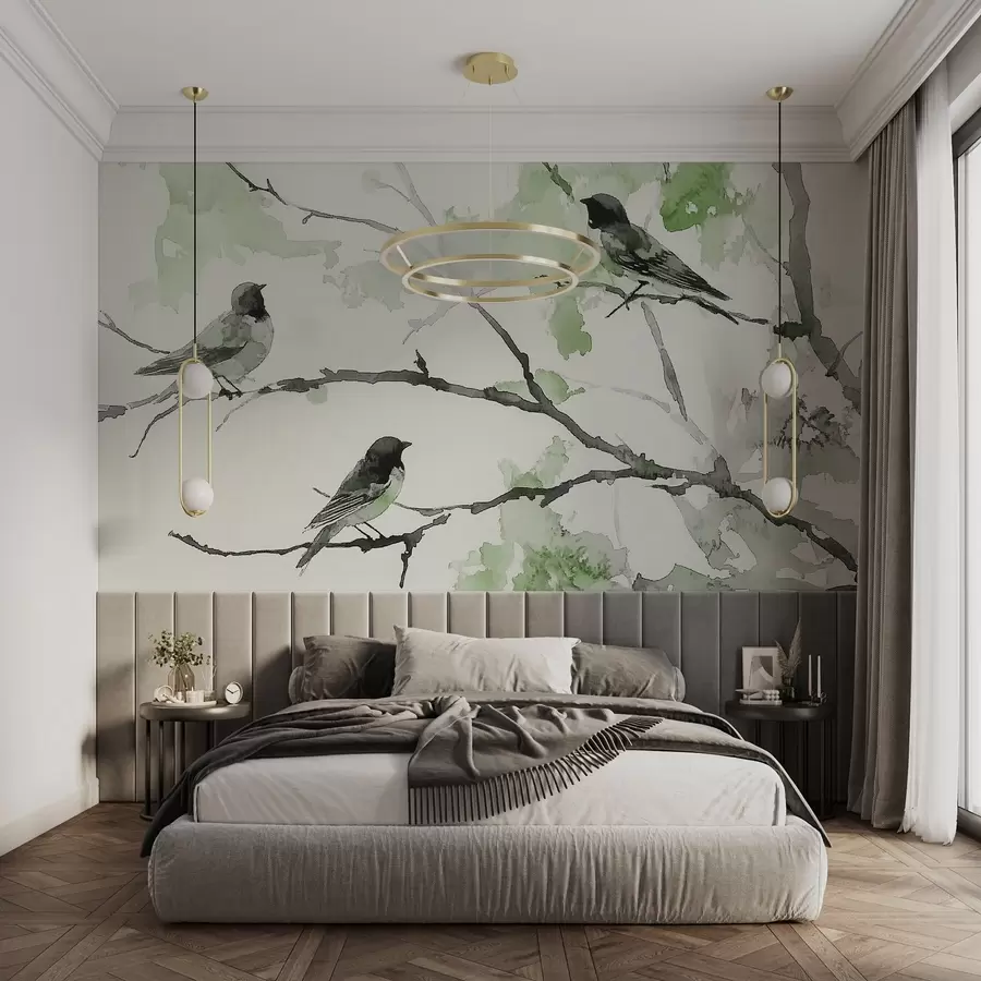stenske poslikave Ptice na drevesnih vejah v akvarelnem slogu w09064v3