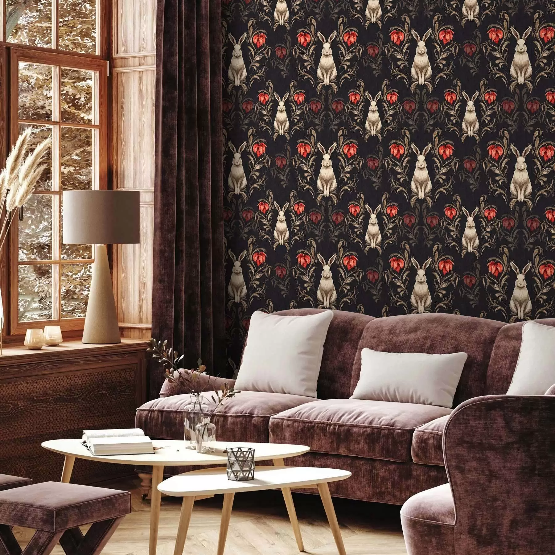 stenske poslikave Zajec in rdeče cvetje na temnem ozadju a00102