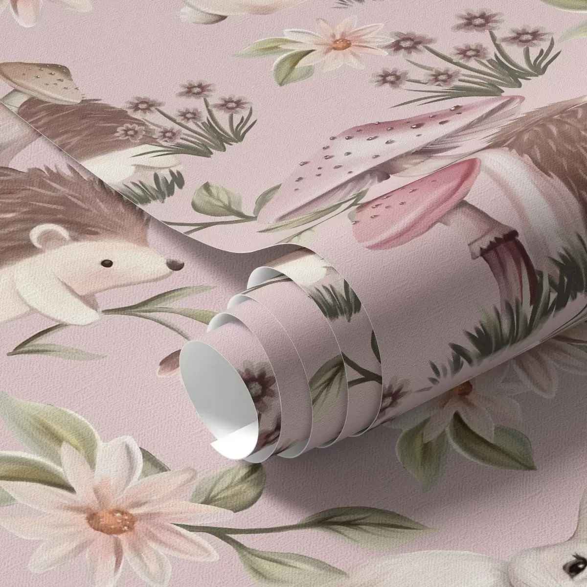 Ozadje Ježi, zajci in rože v pravljičnem slogu med gobami na rožnatem ozadju a00111