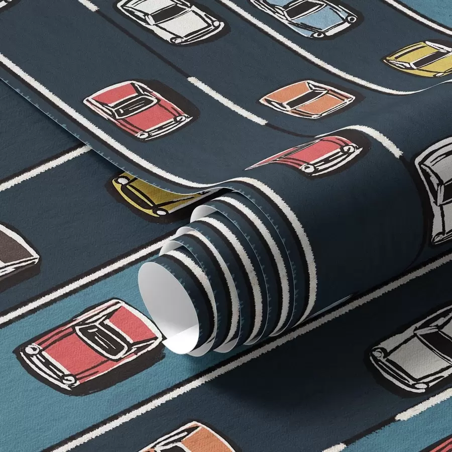 stenske poslikave Retro avto na mornarsko modri cesti v slogu 60. let a00118