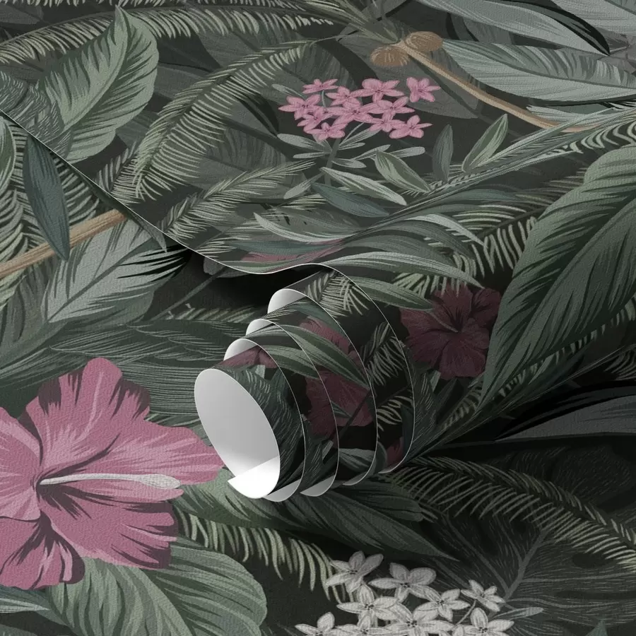 stenske poslikave Tropski listi in ptica na temnem ozadju a00140