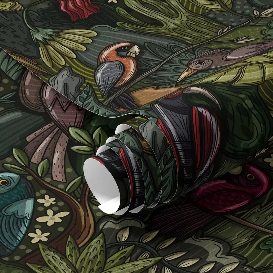 stenske poslikave Eksotične ptice v džungli v slogu gravure a00157