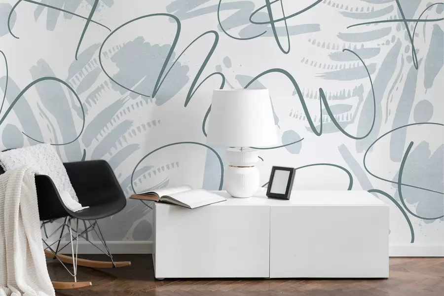 stenske poslikave Kaligrafska abstrakcija s črkami, potezami čopiča, modro barvo w03913v1