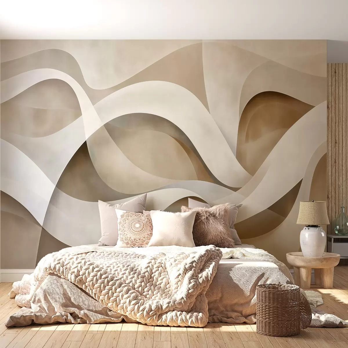 stenske poslikave abstraktna minimalistična kompozicija večplastnih organskih oblik, od katerih je vsaka začrtana z mehkim belim robom, napolnjena z gostimi notranjimi linearnimi potezami, podobnimi teksturi tkanine ali papirja, tekočimi krivuljami v nevtralnih tonih bež, peska, kamna in slonovine, reliefnega videza w03940