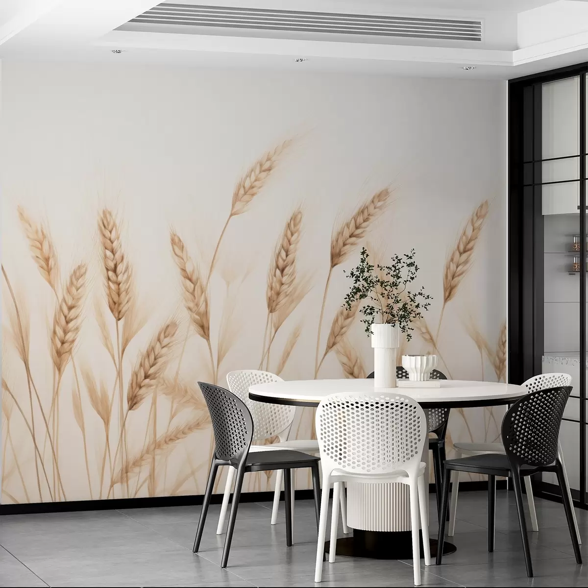 stenske poslikave nežna botanična ilustracija pšeničnih stebel, ročno narisan slog, drobne črte s pastelno kredno teksturo, mehki sepia in zemeljsko rjavi toni, belo ozadje, simetrična elegantna kompozicija, naravna estetika skice w03943