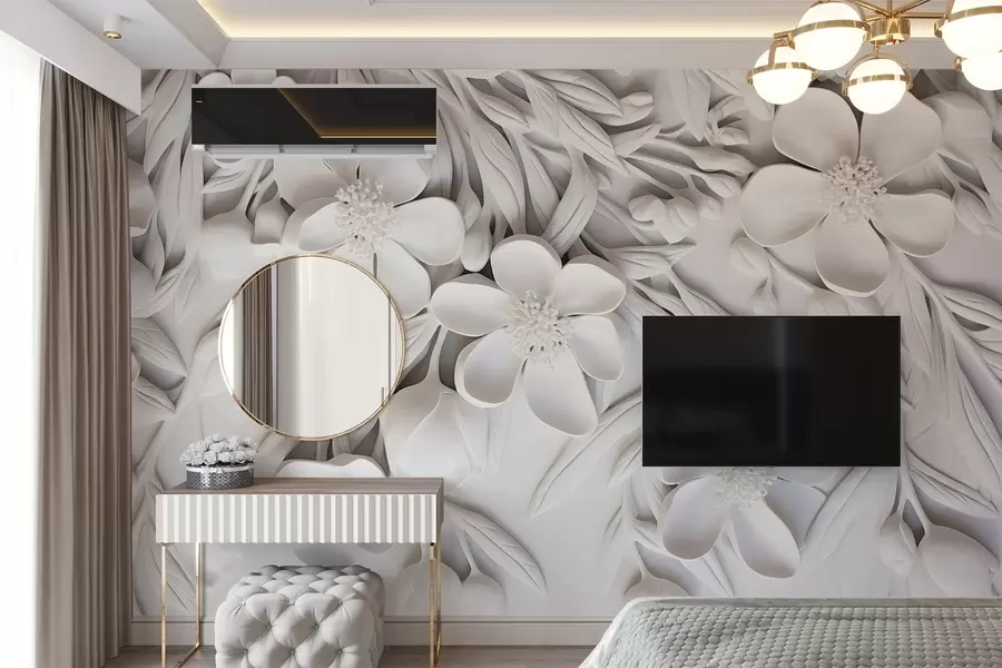 stenske poslikave Bele rože in listi v belem ozadju, cvetlično elegantno, dekorativno oblikovanje, zapletene podrobnosti w09113