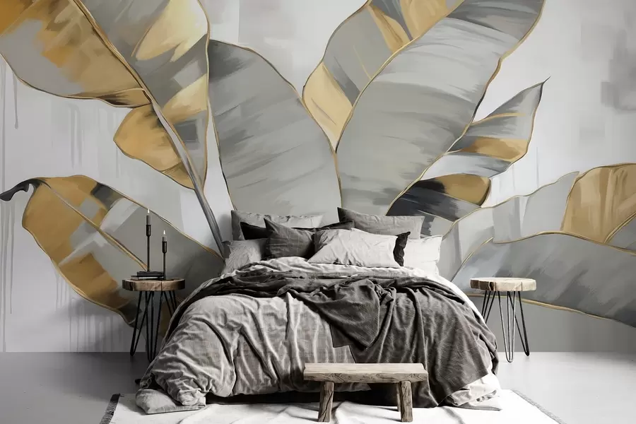 stenske poslikave Banana tropski teksturirani listi s sivimi in rumenimi toni, sodoben slog, nevtralno ozadje, dekorativna slika w09118