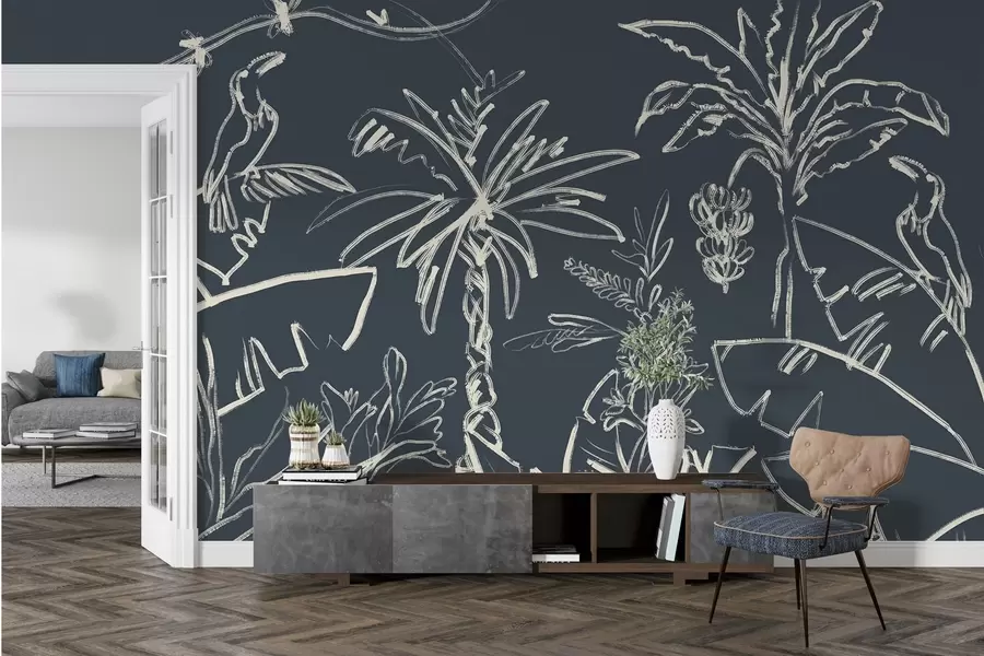 stenske poslikave Tropski vzorec na temno modrem ozadju, palme, banane w04020v4