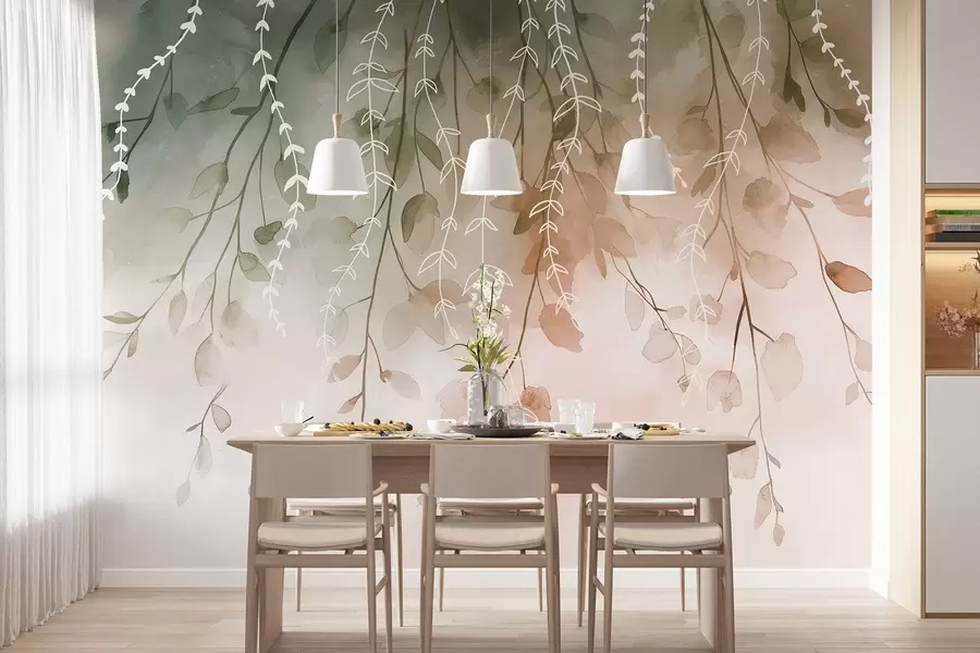 stenske poslikave Veje z listi v akvarelnem slogu, naravne jesenske barve w04007v1